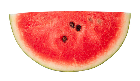 Front view of red watermelon half or slice is isolated on white background with clipping path.