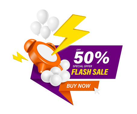 Advertising banner, lightning thunder strikes an orange alarm clock atop a white balloon complete with flash sale promotion text template, 50% discount, vector 3d illustration for banner design