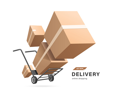 Delivery and online shopping concept ,Several parcel boxes or cardboard boxes float out of two-wheeled cart or hand truck used in a warehouse, vector 3d illustration isolated for advertising design