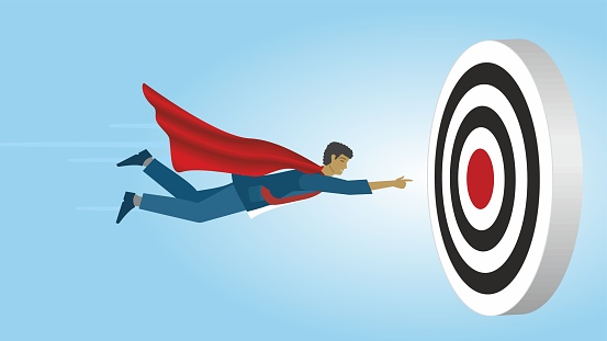 Flying superhero aiming to dartboard. Goals and determination. Dimension 16:9.