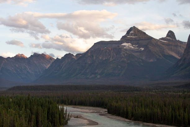 Aerial view of river and mountains in mountain glow