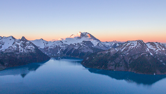 Alpine glow on mountains and lake