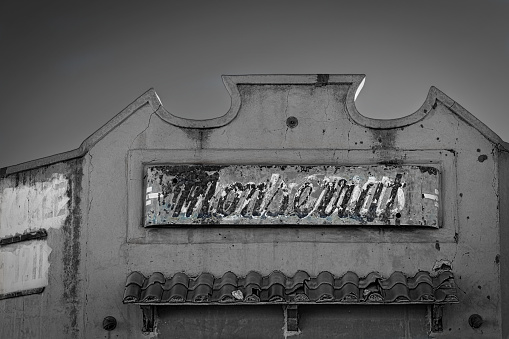 The sign of the abondoned Monserrat Building in Fabens, Texas.