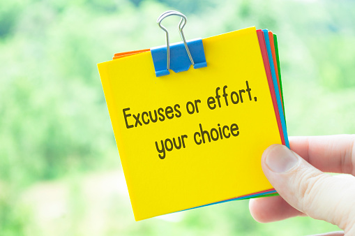 Excuses or effort, your choice text on sticky notes with bright nature background.