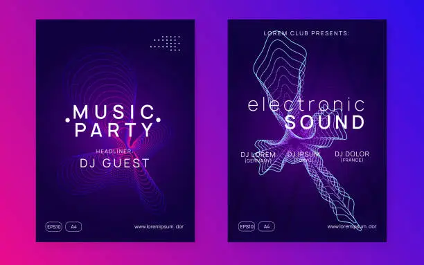 Vector illustration of Neon dj flyer. Electro dance music. Electronic sound event. Club fest poster. Techno trance party.