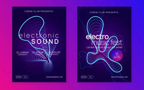 Vector illustration of Neon electronic fest flyer. Electro dance music. Trance sound. Club event poster. Techno dj party.