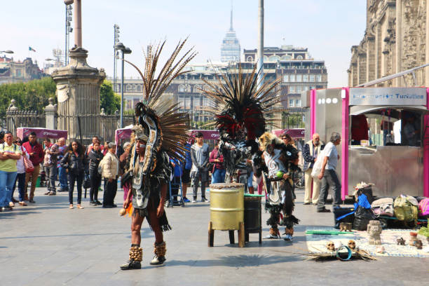 Mexico City, Mexico - January 28th 2018: The performance of traditional Aztec dance in Zocalo Square