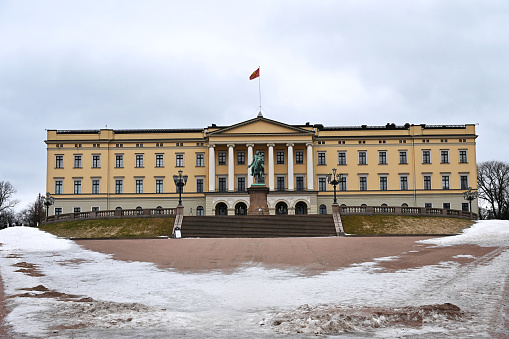 Oslo, Norway - March 10th 2024: The facade of the Norwegian Royal Palace