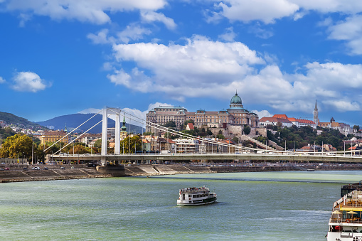View of Buda with castle and palace complex of the Hungarian kings from Danube, Budapest, Hungary
