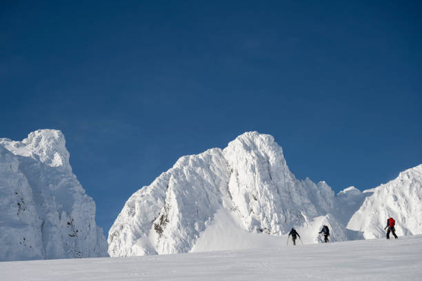 Distant view of ski mountaineers ascending snowcapped mountain across glacial plain