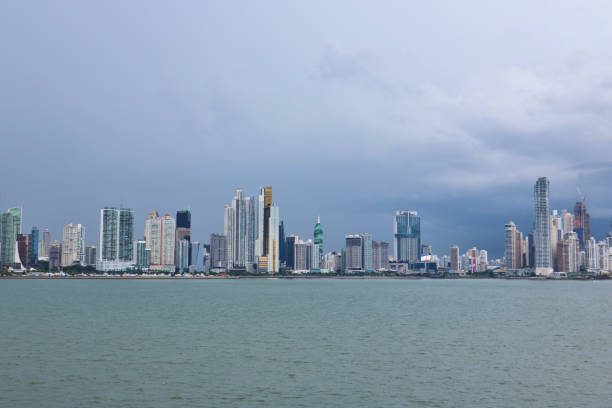 Panama City, Panama - September 5th 2018: The view of Panama City skyline from Casco Viejo historic district on a rainy day
