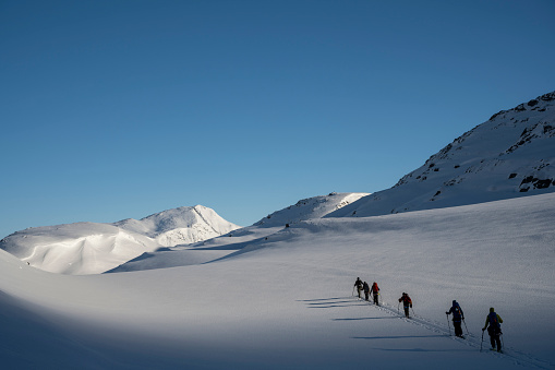 Group of alpinist people going on top of moutain with ski gear during a sun day without cloud