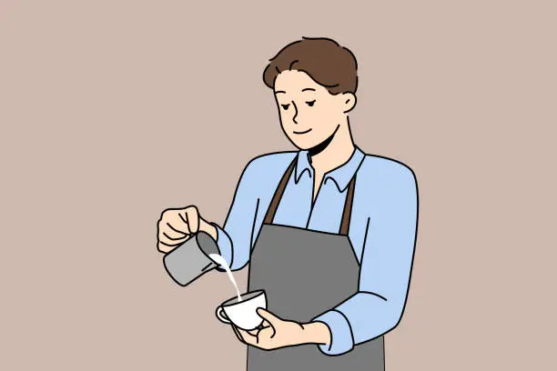 Vector illustration of Man barista prepares delicious coffee with fresh cream, working in trendy coffee shop or restaurant