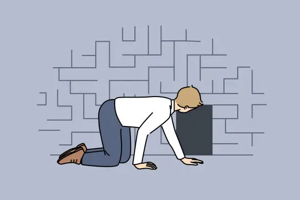 Vector illustration of Man searching exit from labyrinth, crawling near miniature door, as metaphor for difficult situation