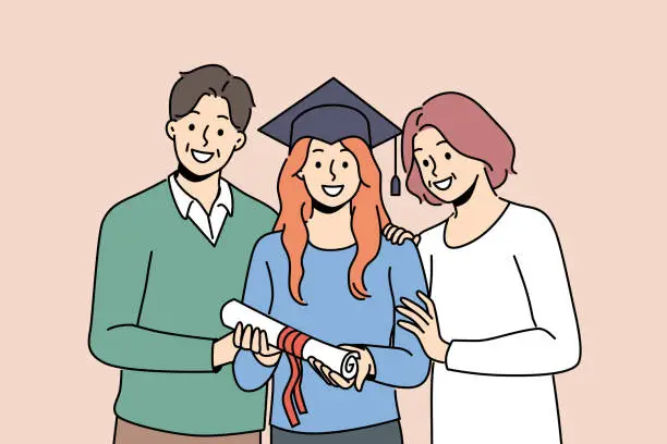 Vector illustration of Girl graduate in student hat holds certificate of higher education, standing with parents