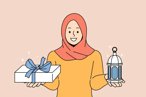 Vector illustration of Muslim woman invites to celebrate ramadan, holy islamic holiday, holding gift box and lantern