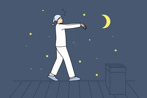 Vector illustration of Sleepwalking man walks on roof of house at night, walking in unconscious state due to somnambulism