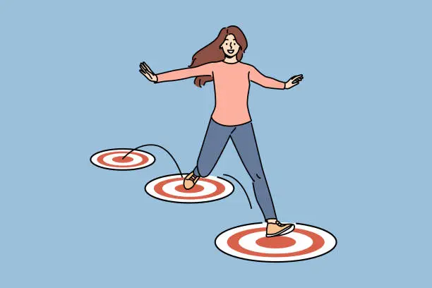 Vector illustration of Purposeful woman jumps on targets and spreads arms to sides, enjoying ease completing career tasks