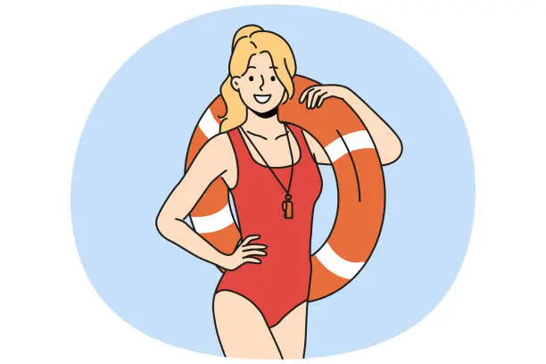 Vector illustration of Smiling lifeguard with inflatable ring in hands