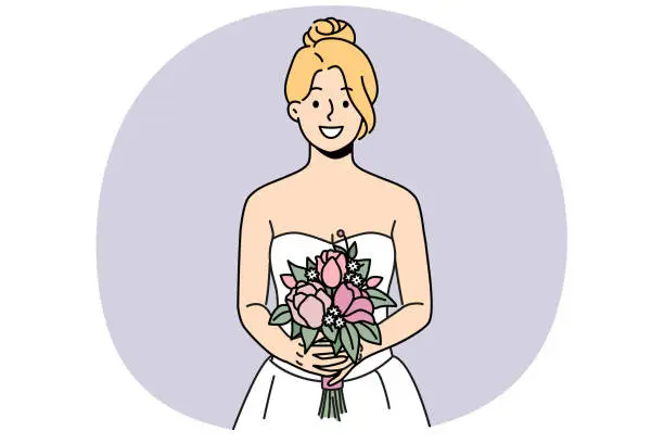 Vector illustration of Smiling woman in wedding dress and bridal bouquet