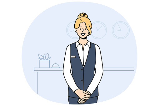 Smiling female receptionist in uniform posing at counter in hotel. Happy woman administrator working at reception. Vector illustration.