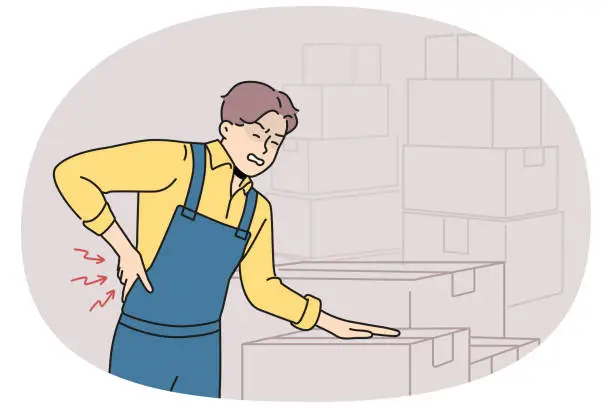 Vector illustration of Unhealthy worker suffer from backache working in warehouse