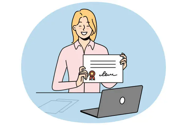 Vector illustration of Smiling girl with certificate graduate online