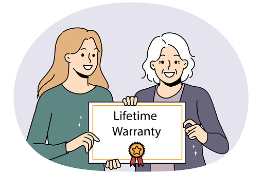 Smiling caregiver with elderly patient holding lifetime warranty food good quality service. Happy mature woman with guarantee assurance certificate in hands. Vector illustration.