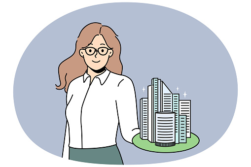 Smiling businesswoman hold building model on hand work in real estate. Happy confident broker or agent recommend property loan or mortgage. Realty and rent. Vector illustration.