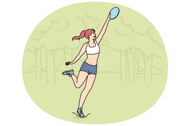 Vector illustration of Smiling girl play with frisbee in park