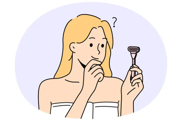 Vector illustration of Confused woman with razor in hands think of shaving