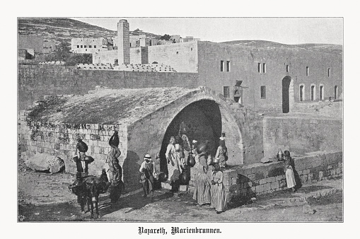 Historical view of Mary's Well ((Ain Mirjam) in Nazareth, Israel. Nostalgic scene from the past. Halftone print based on a photograph, published in 1899.