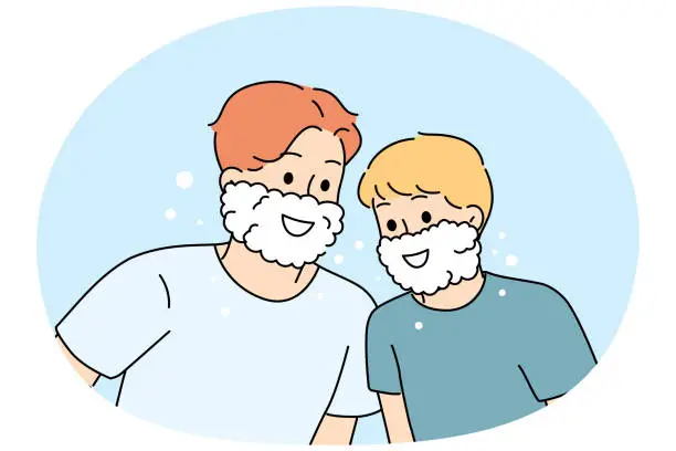 Vector illustration of Smiling father and son with foam on face