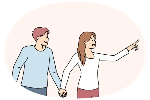 Vector illustration of Smiling woman holding man by hand pointing forward