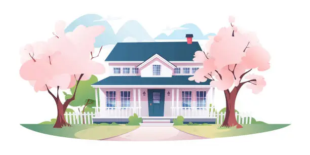 Vector illustration of Beautiful house among the flowering cherry trees