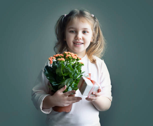 Teacher's day, mother's day. Caucasian child with gift box and flower in pot. Little girl holing greeting presents on blue green background holiday design Teacher's day, mother's day. Caucasian child with gift box and flower in pot. Little girl holing greeting presents on blue green background. Holiday desing portrait. holding child flower april stock pictures, royalty-free photos & images