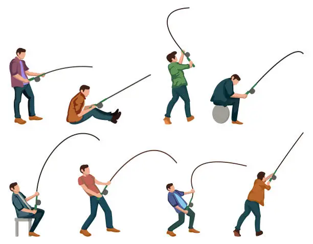 Vector illustration of pose of man fishing illustration set