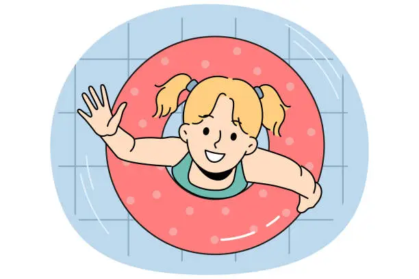 Vector illustration of Girl child swim in lifebuoy