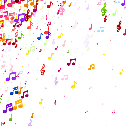 A playful scattering of colorful music notes against a white backdrop, capturing the joy and rhythm of music.