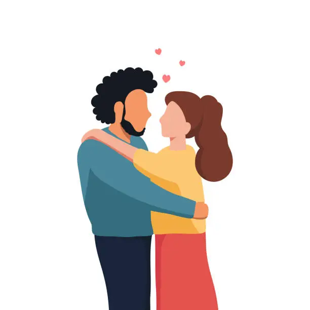 Vector illustration of Cute couple hugs each other happily. Happy Valentine's Day. Couple. A man and woman hug each other affectionately. Couples hugging each other warmly isolated on white background. Vector illustration