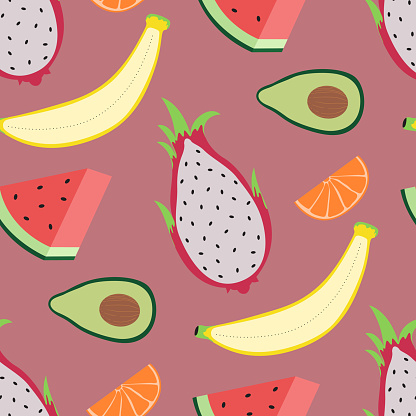 vector sliced fruits seamless pattern on red pink.