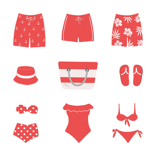 swim wear isolated on white background. set - swimming trunks bikini swimwear red stock illustrations