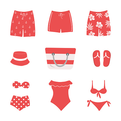 Swim wear isolated on white background. Set. Beautiful red swimsuits, swimming trunks, beach hat, beach bag, flip-flops. Summer vector illustration in red colors