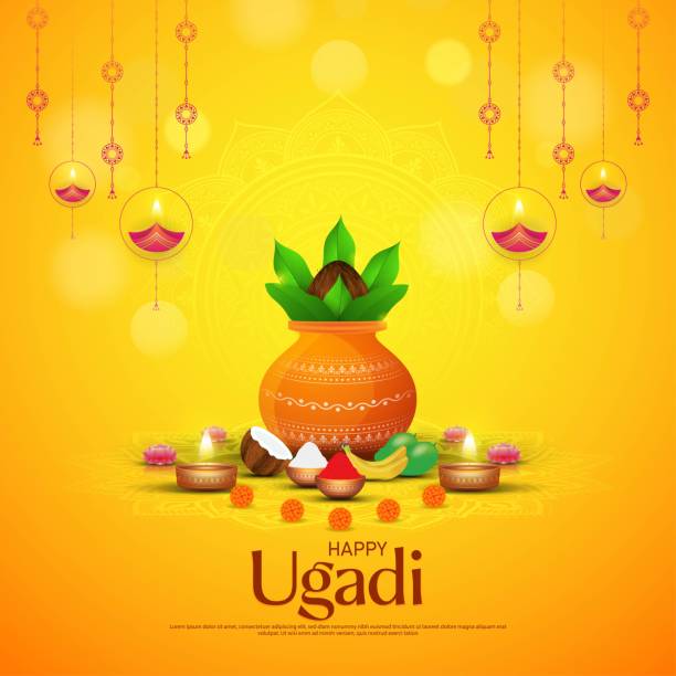 Happy Ugadi - poster template design including Kalash, banana leaf, green mango, flowers, rangoli and diya. vector art illustration