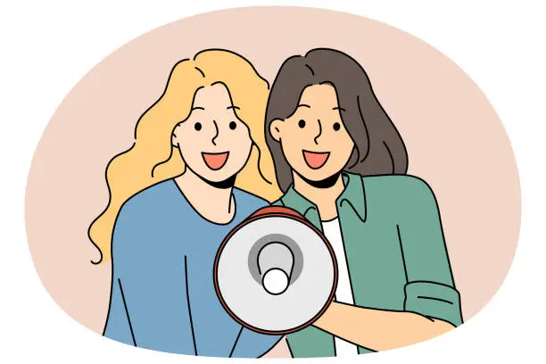 Vector illustration of Smiling girls announce sale deal in megaphone