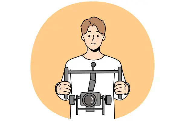 Vector illustration of Male operator filing with camera with stabilizer