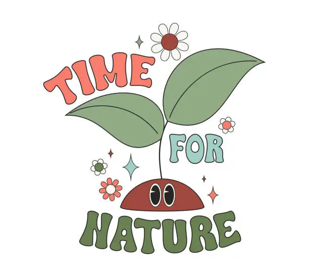 Vector illustration of Groovy lettering. Cute sprout in retro style. Time for nature. Zero waste concept.