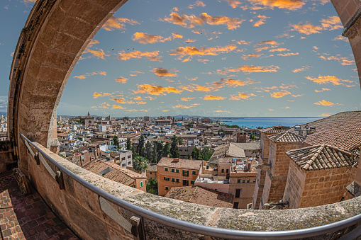 View of one part from the old town of Palma, from the terrace of the Cathedral of Santa Maria of Palma, or La Seu, a Gothic Roman Catholic cathedral in Mallorca, Spain. Build between 1229 and 1601.
