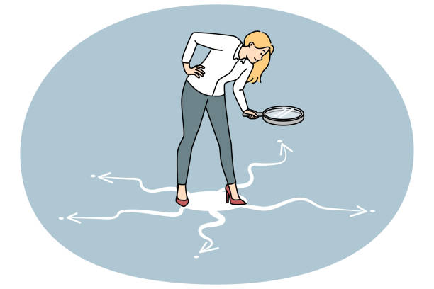 businesswoman with magnifier look for correct way - magnifying glass scrutiny challenge exploration stock illustrations
