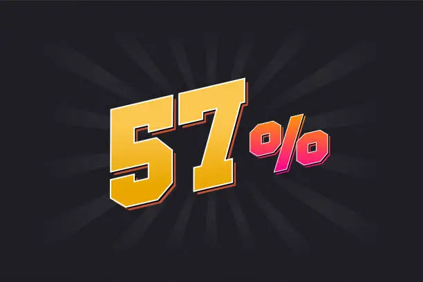 Vector illustration of 57% discount banner with dark background and yellow text. 57 percent sales promotional design.